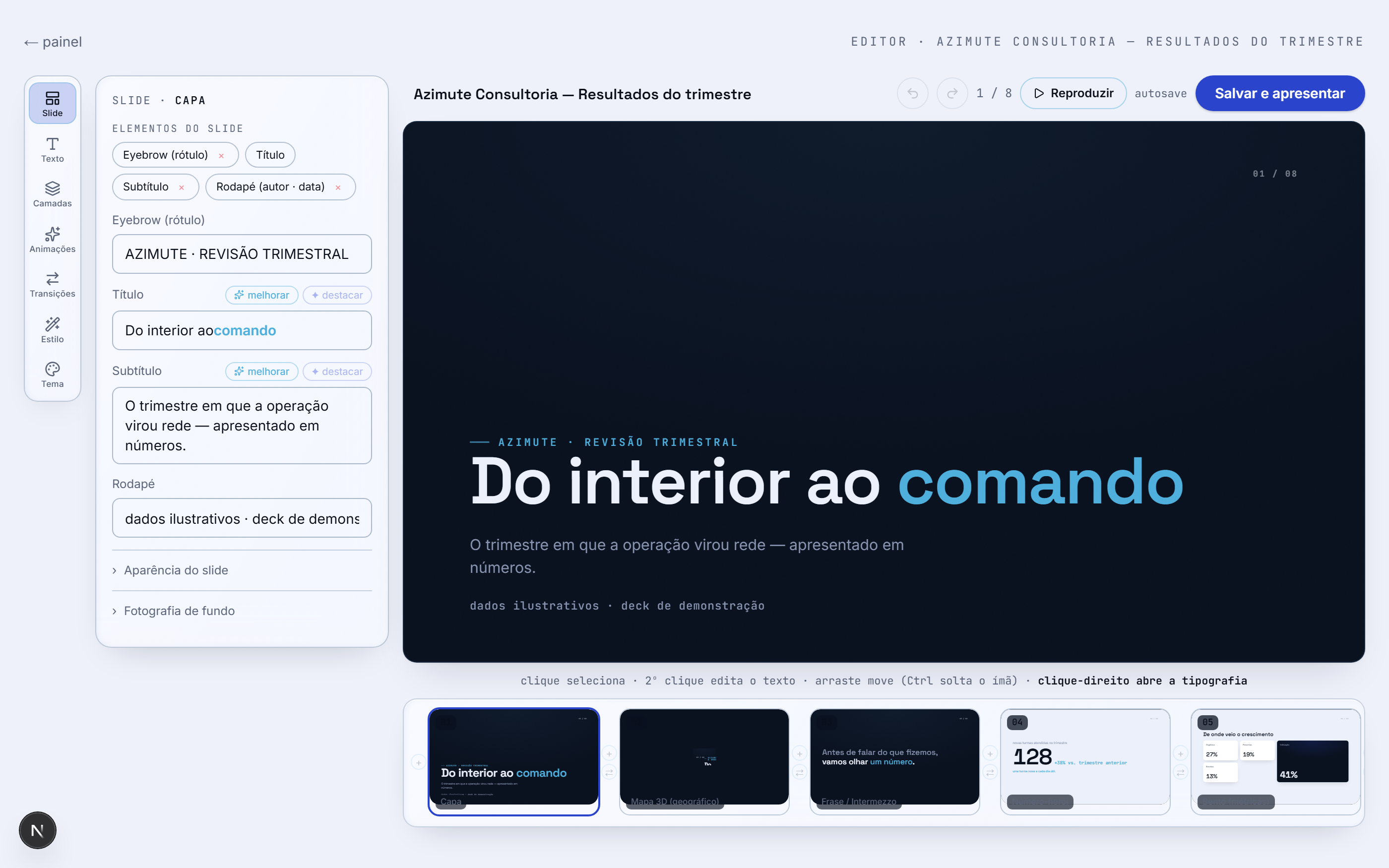 Editor no-code da Pínax com painel de animações e filmstrip