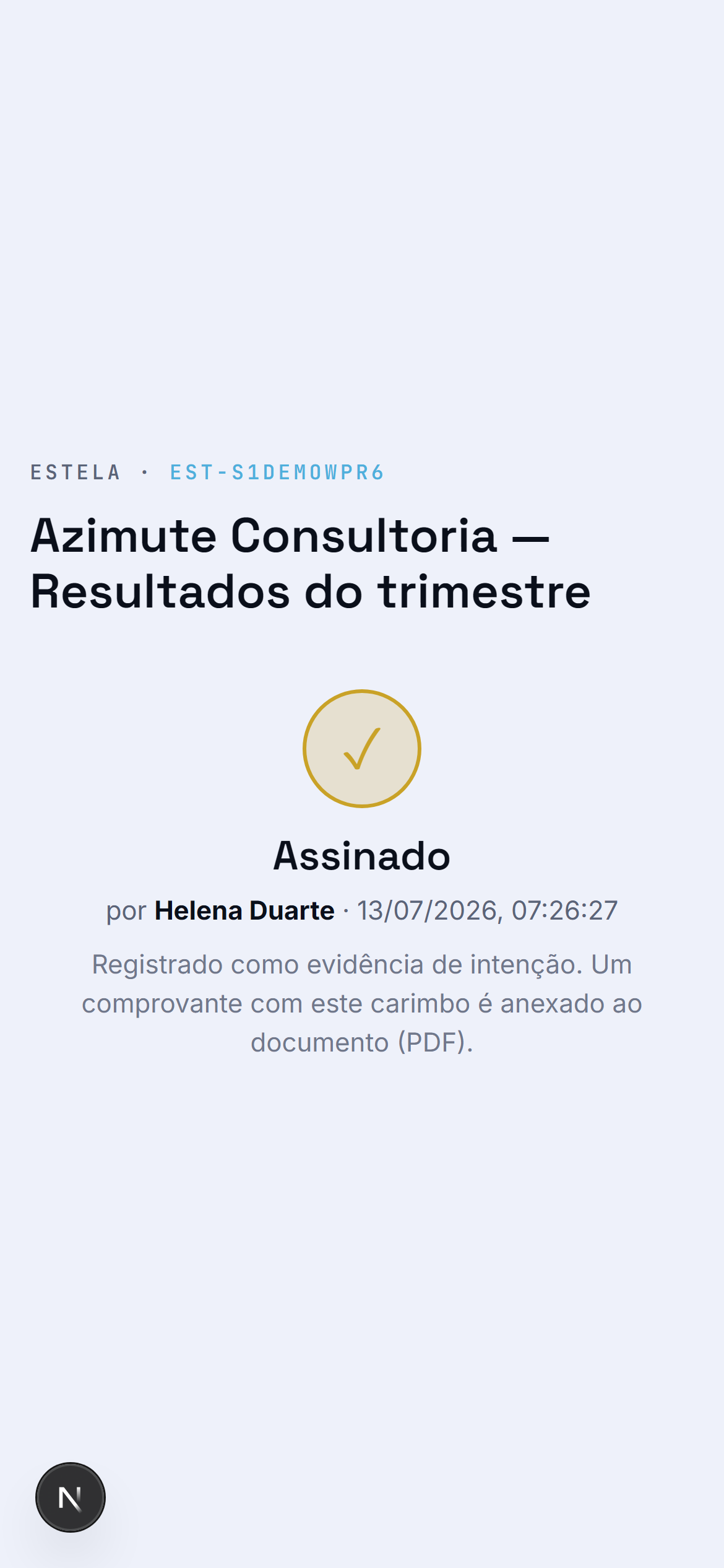 Confirmação de assinatura registrada, com data e carimbo